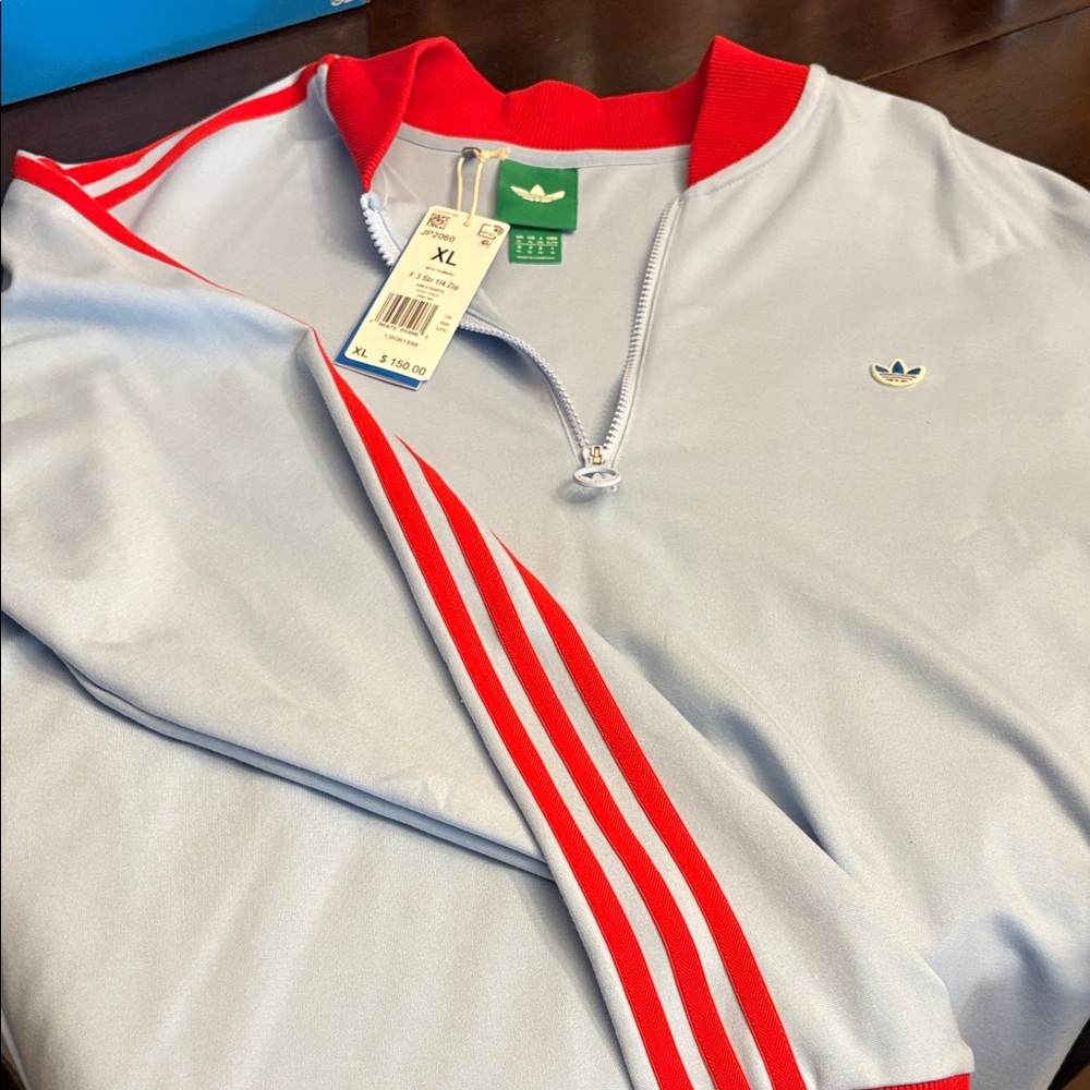adidas Light Blue Quarter-Zip Track Top with Red Stripe Accents